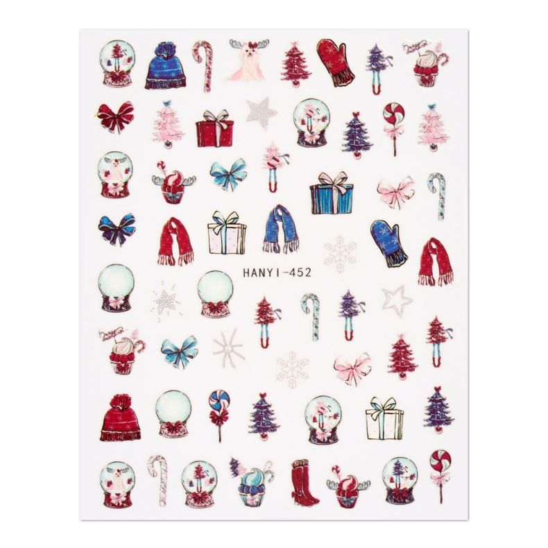 Vielfältige Weihnachtsmotive auf einem Stickerbogen, darunter Geschenke, Schneekugeln und Weihnachtsdekoration.