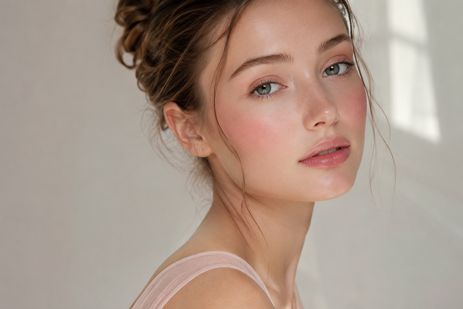 Nahaufnahme einer Frau mit natürlichem Make-up, rosigem Blush und glänzenden Lippen – ideales Bild für Beauty-, Hautpflege- oder Kosmetikprodukte