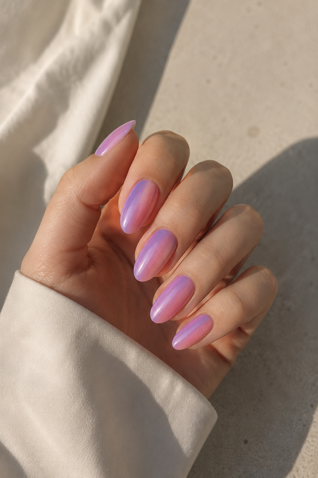Nahaufnahme einer Hand mit langen mandelförmigen Nägeln in rosa-lila Verlauf und schimmerndem Chrome-Finish