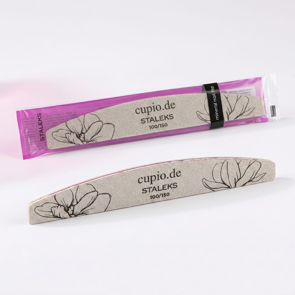 Gebogene STALEKS Mineral-Nagelfeile 100/150 von cupio.de mit floralem Motiv, einzeln und in pinker Verpackung dargestellt