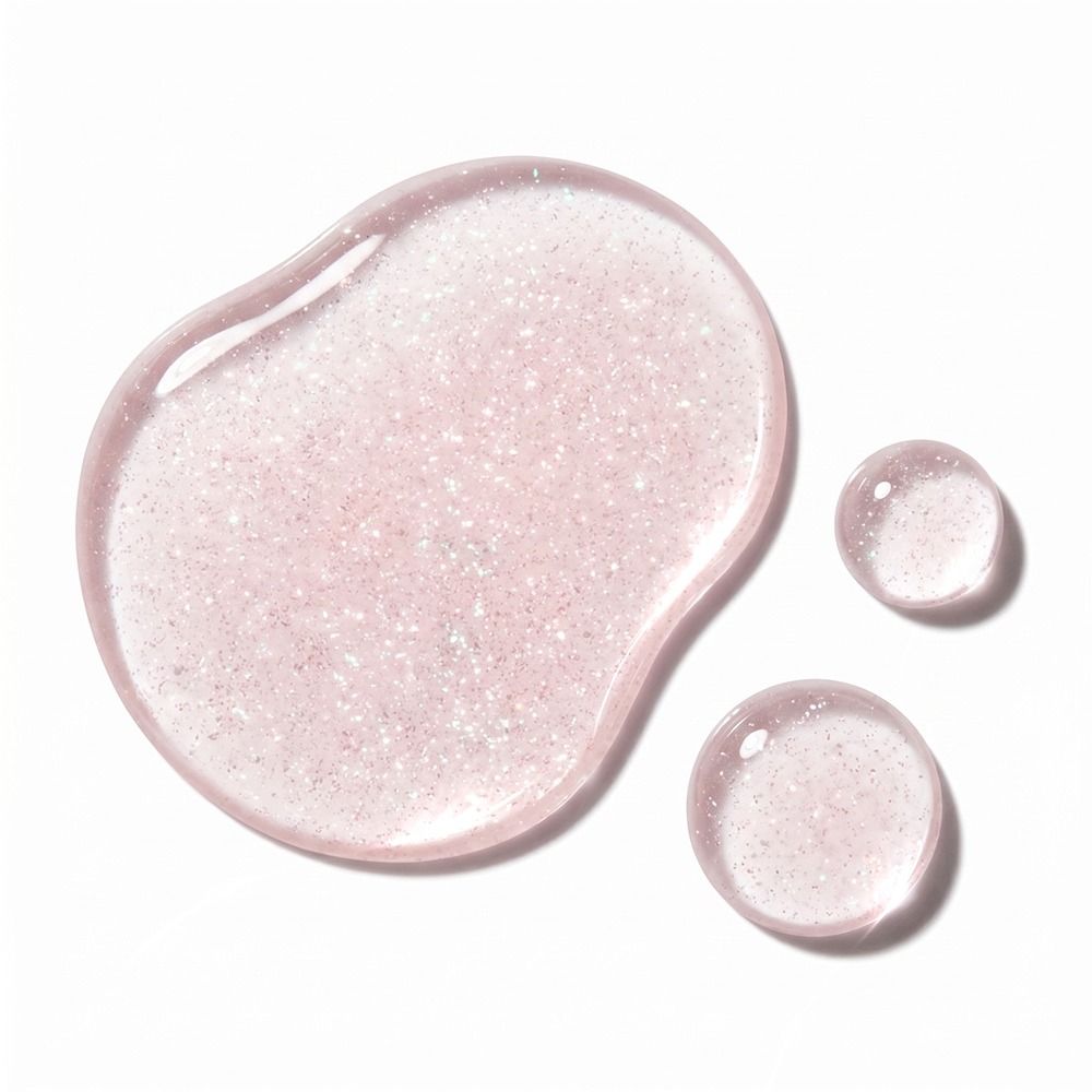 Nahaufnahme einer rosafarbenen, glitzernden Serum- oder Gel-Textur mit zwei Tropfen auf weißem Hintergrund – ideal zur Darstellung von Hautpflege oder Kosmetik