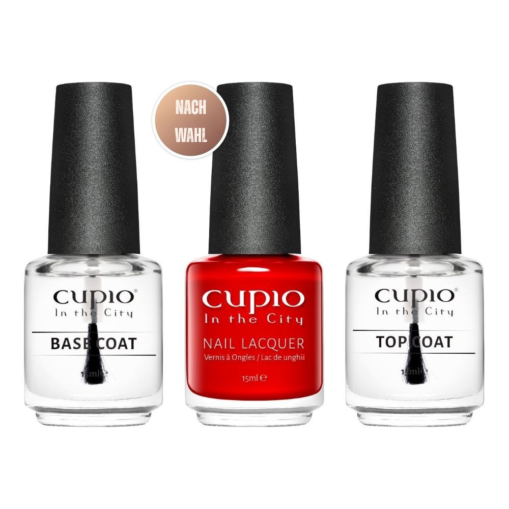 Cupio Nagellack-Set mit Basecoat, rotem Lack und Topcoat