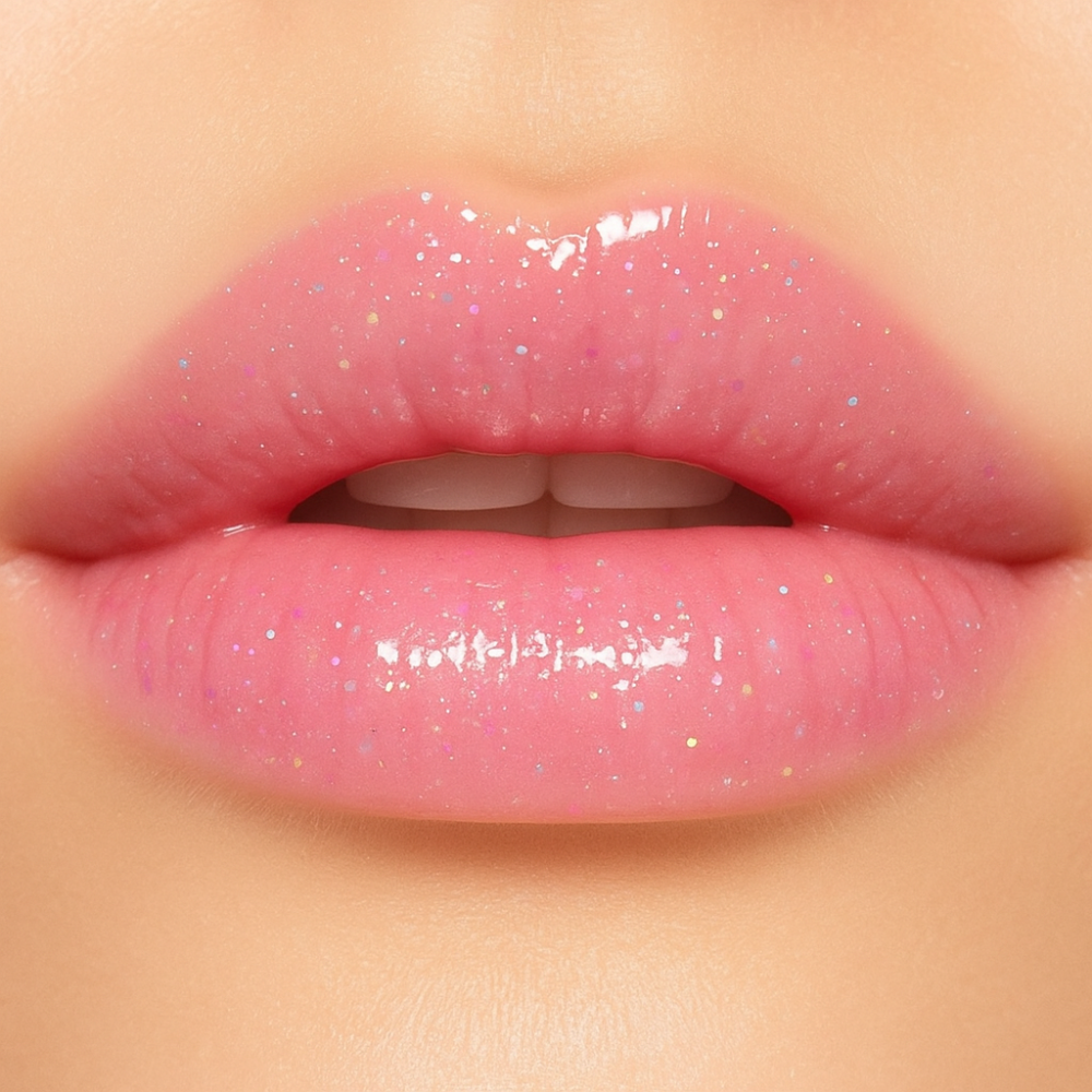 Nahaufnahme von pinken, glitzernden Lippen