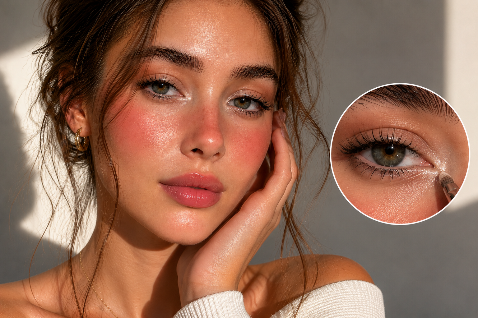 Model mit glowy Make-up und rosigem Teint; Detailansicht zeigt den Auftrag von Highlighter oder Concealer am inneren Augenwinkel