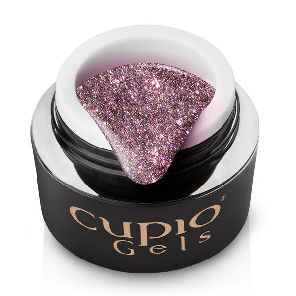 Glitzerndes Cupio Gels in einem schwarzen Behälter mit pinkem Glitzer