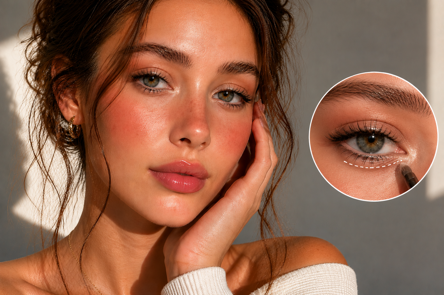 Nahaufnahme einer Frau mit strahlendem Teint; Detail zeigt das Auftragen von Concealer unter dem Auge zur Kaschierung von Augenringen