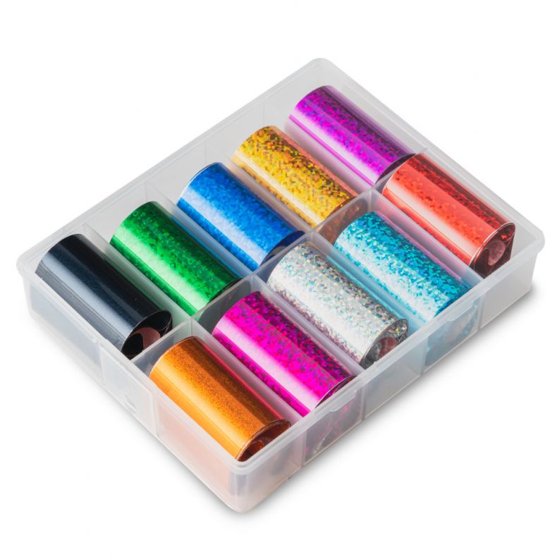 Bunte Rollen Glitzerfolie in einem praktischen Aufbewahrungskasten