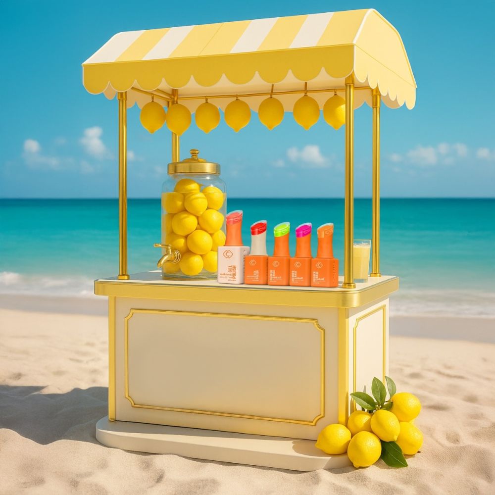 Mehrere Nagellackflaschen in sommerlichen Neonfarben auf einem dekorativen Zitronenstand am Strand mit Zitronen, Meer und blauem Himmel