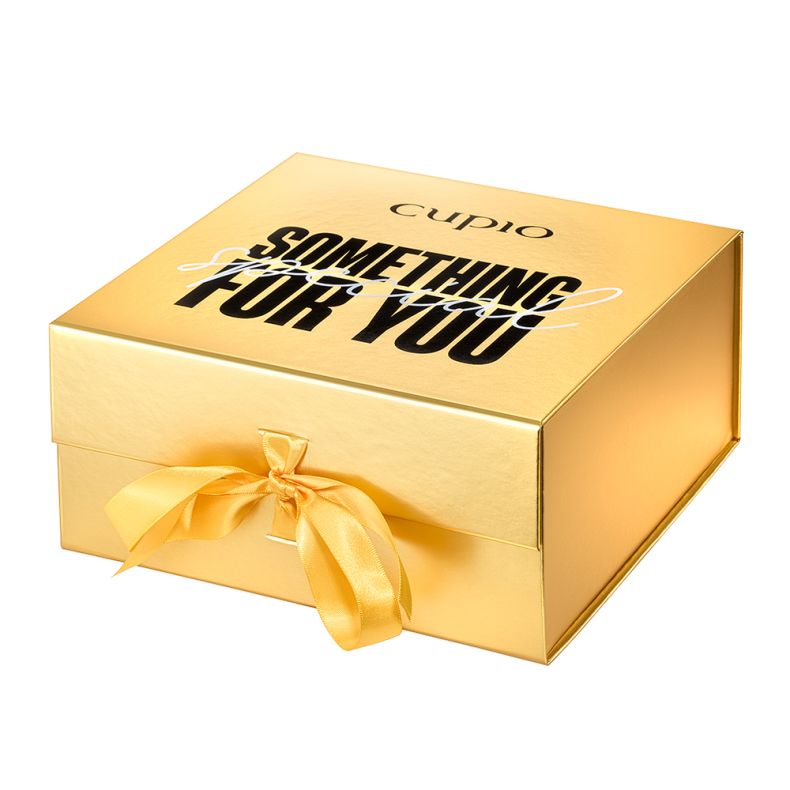 Goldene Geschenkbox mit gelber Schleife und Schriftzug "Something for You" von Cupio