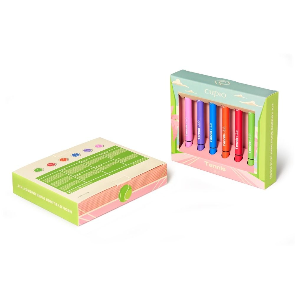 Geöffnete und geschlossene Verpackung des Eyeliner Tennis Club Neon Match Set mit 6 Neon-Eyelinern in Pink, Lila, Blau, Orange, Rot und Grün, matt und wasserfest, mit präziser Filzspitze für grafische Looks.