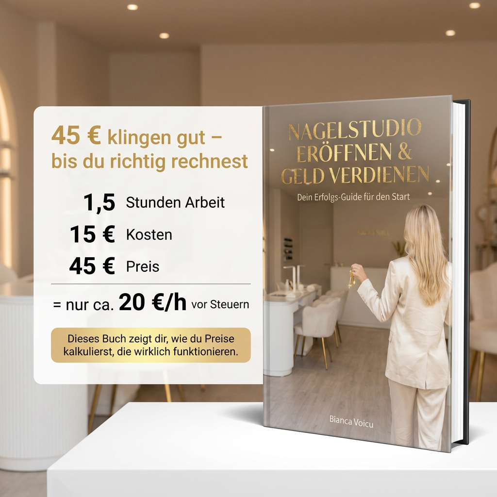 Ratgeberbuch „Nagelstudio eröffnen & Geld verdienen“ von Bianca Voicu in einem modernen Nagelstudio, mit Rechenbeispiel zur Preiskalkulation und Stundenlohn im Nageldesign