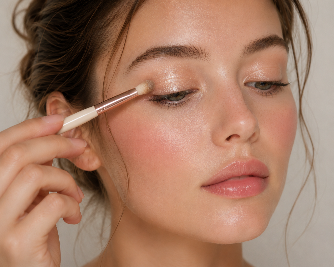 Nahaufnahme einer Frau, die mit einem Lidschattenpinsel schimmernden Eyeshadow auf das Augenlid aufträgt