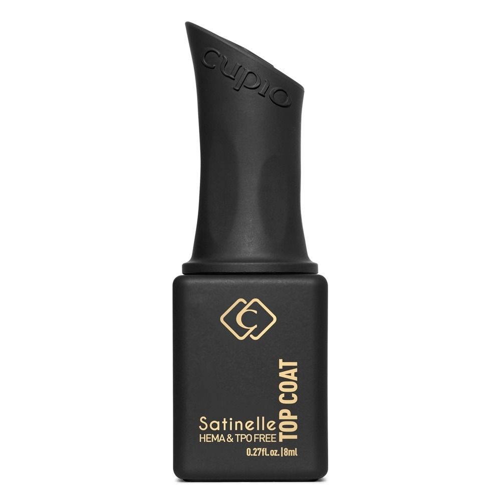 Schwarzer Cuccio Satinelle Top Coat Flakon, HEMA- und TPO-frei, 8 ml, freigestellt auf weißem Hintergrund