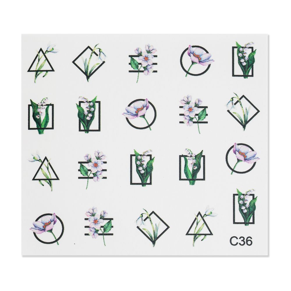 Dekorative Aufkleber mit floralen Designs und geometrischen Mustern.