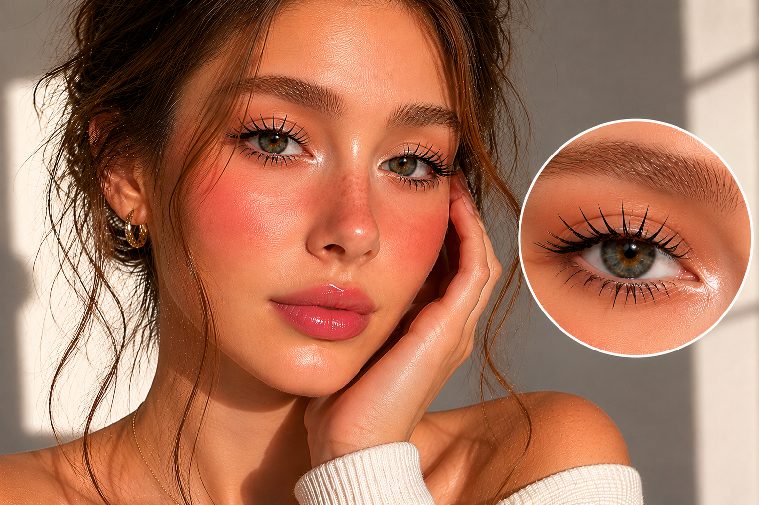 Frau mit natürlichem Beauty-Look und betonten, langen Wimpern; vergrößerte Detailansicht des Auges zeigt präzise getrennte Wimpern mit Mascara