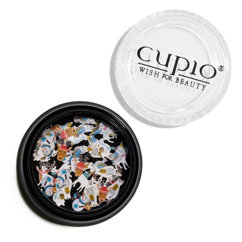 Doseninhalt mit bunten Glitzer-Dekorationen in Tierformen von Cupio