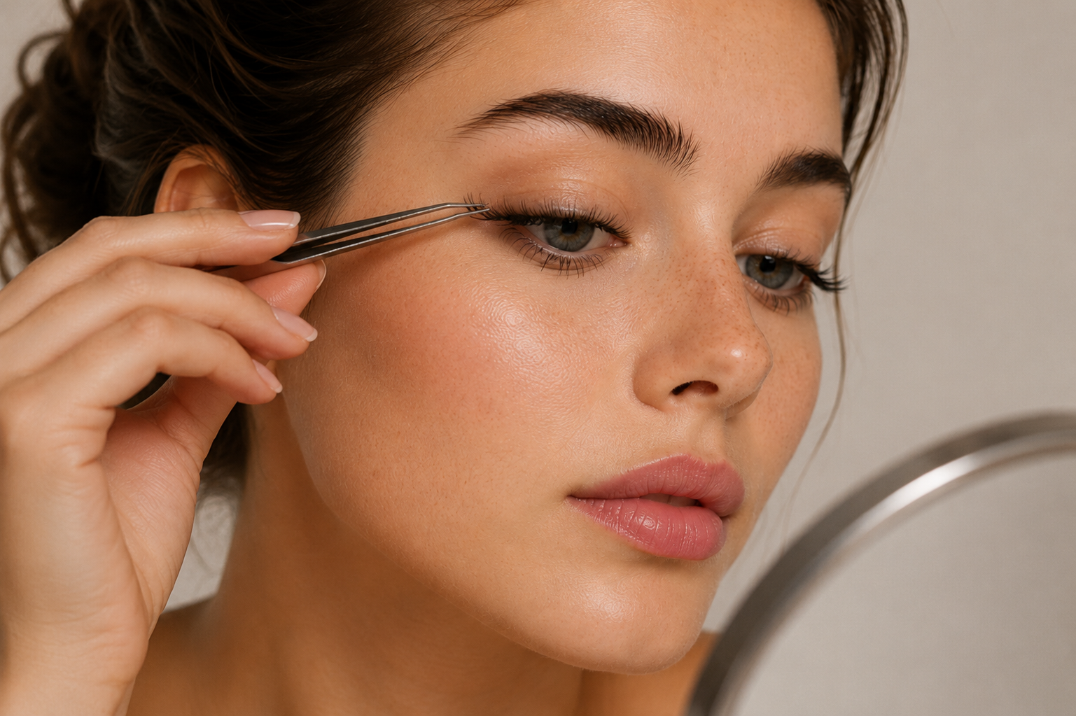 Nahaufnahme einer Frau, die mit einer Präzisionspinzette künstliche Wimpern am oberen Augenlid anbringt.
