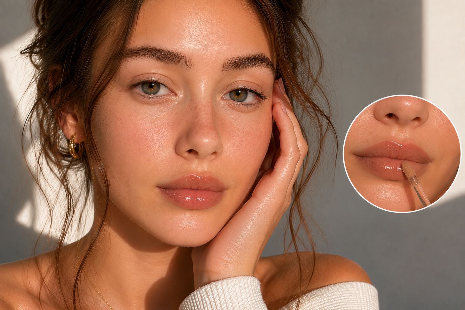 Porträt einer jungen Frau mit natürlich glänzenden Lippen; Detailansicht zeigt das Auftragen eines Nude Lipglosses mit Applikator.
