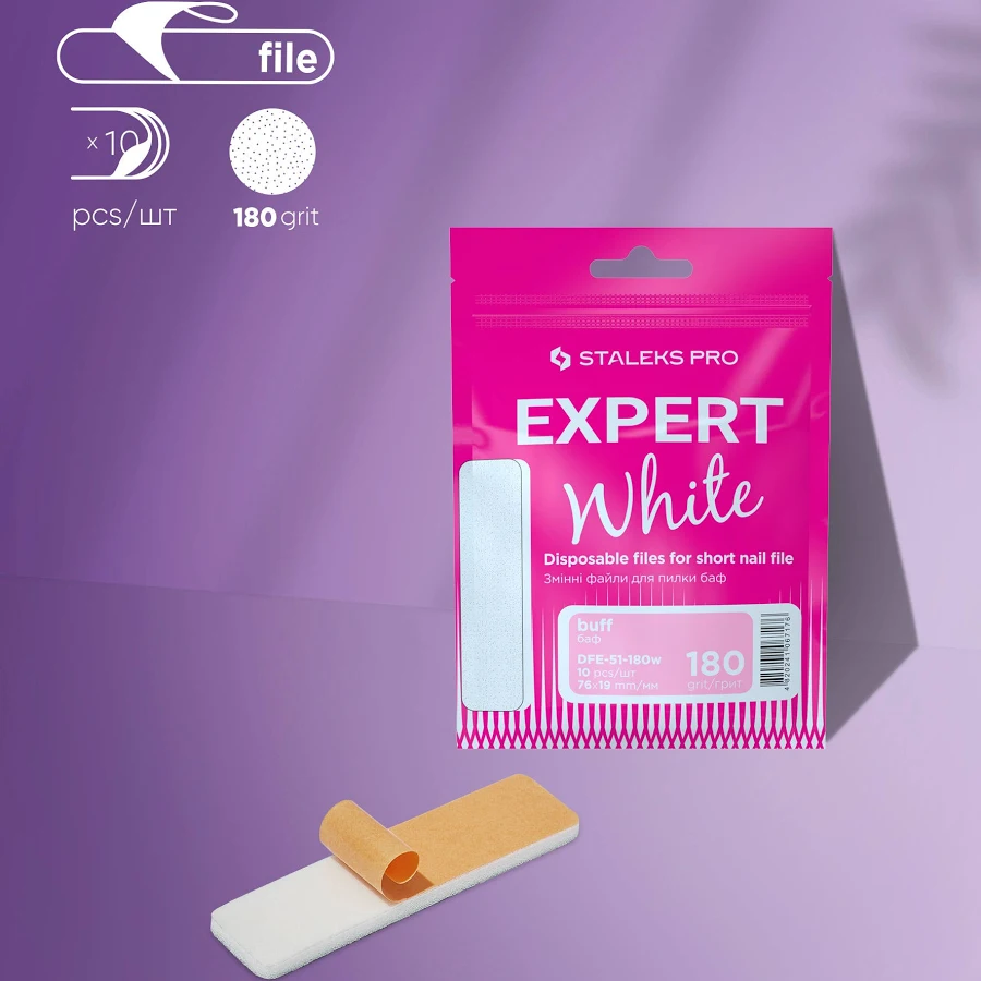 Verpackung und einzelne STALEKS PRO Expert White Einweg-Feilen mit 180 Grit für kurze Nagelfeile, 10 Stück