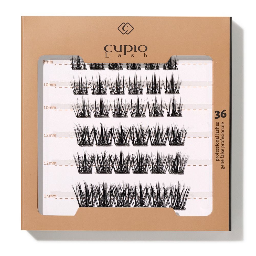 Verpackung von Cupio Lash mit 36 professionellen schwarzen Cluster-Wimpern in verschiedenen Längen von 8 bis 14 mm