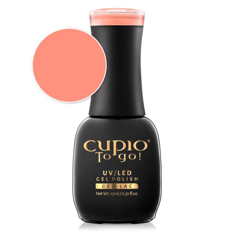 Flasche Cupio UV/LED Gel Polish To go! in zartem Korallfarben mit Farbkreis.
