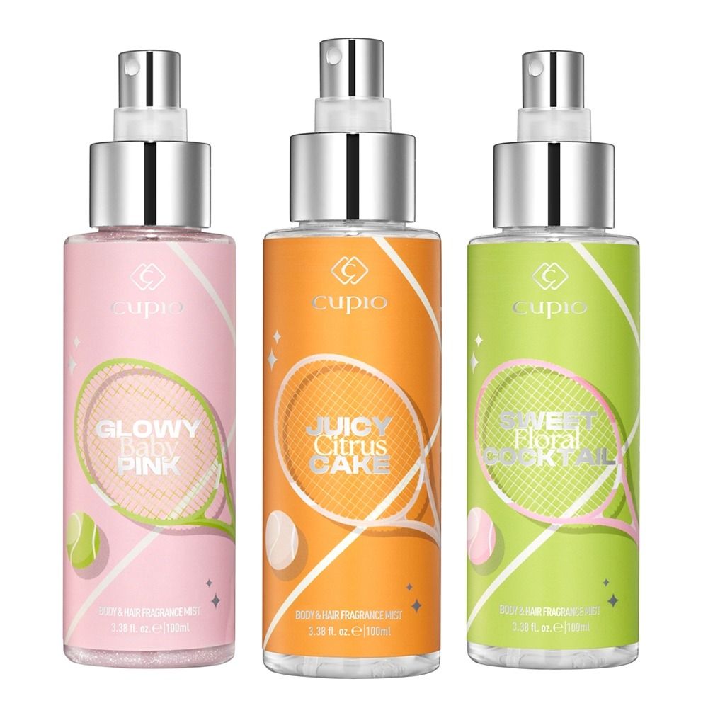 Drei Cupio Body & Hair Fragrance Mist Sprays in Rosa, Orange und Grün mit den Düften Glowy Baby Pink, Juicy Citrus Cake und Sweet Floral Cocktail