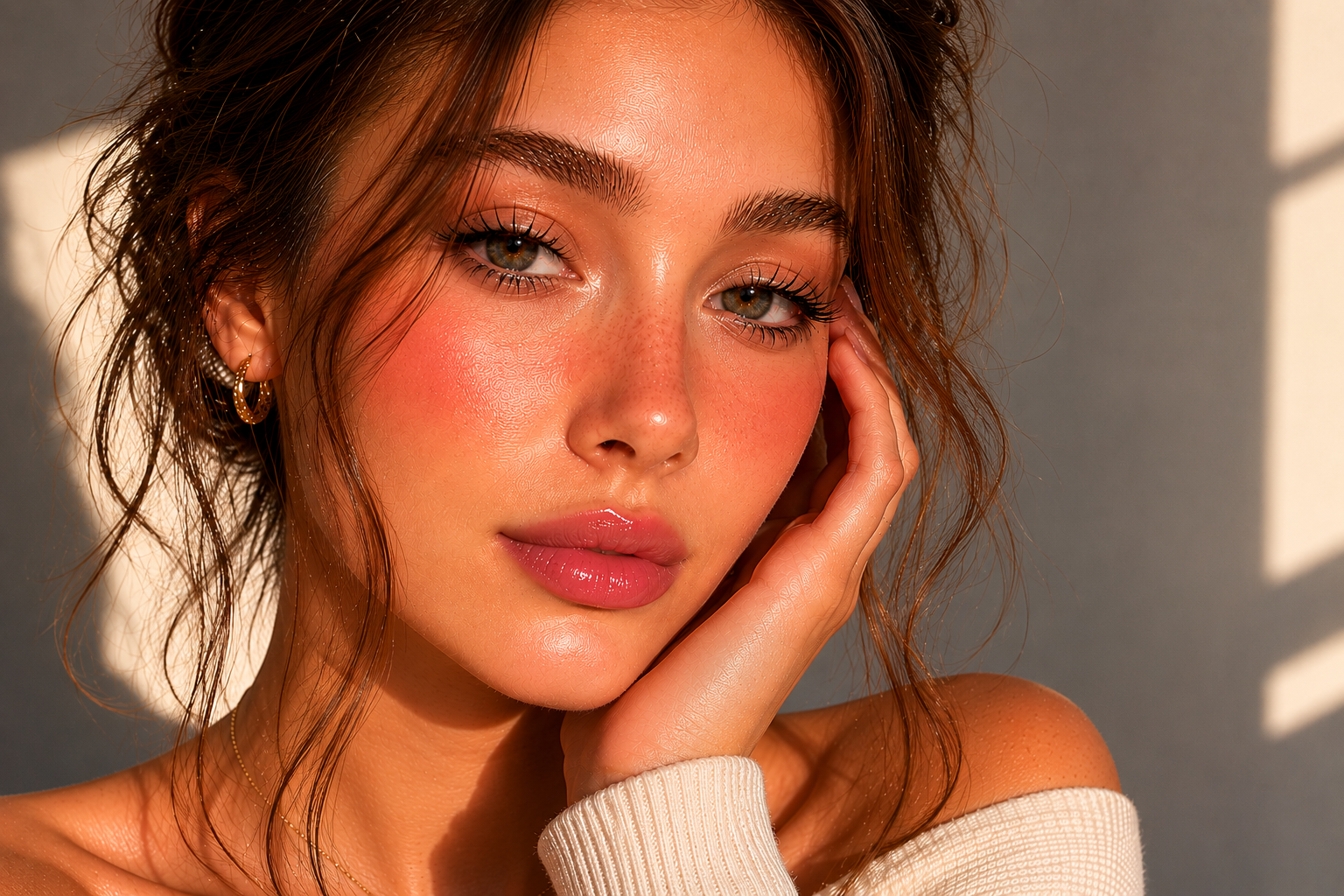 Porträt einer Frau mit goldenen Creolen, Halskette und strahlendem Make-up im warmen Sonnenlicht – Beauty- und Schmuckmotiv