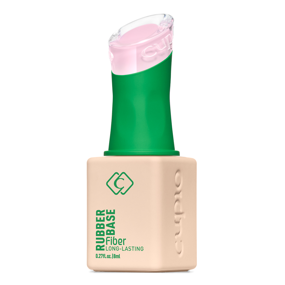 Produktabbildung der Cuccio Rubber Base Fiber Long-Lasting 8 ml, elastische Nagelbasis in beigefarbener Flasche mit grünem Pinselgriff