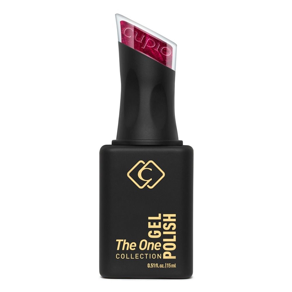Schwarze Flasche Cuccio The One Collection Gel Polish in Farbton Cupio, 15 ml, mit pink-glänzender Farbkappe