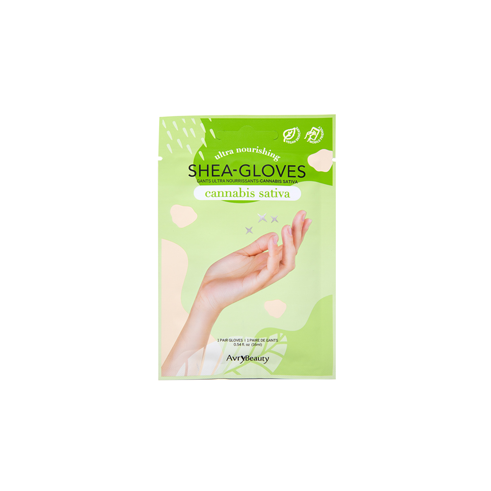 Produktabbildung der Avry Beauty Shea-Gloves Cannabis Sativa, ultra nährende Handmaske in grüner Verpackung mit Handmotiv