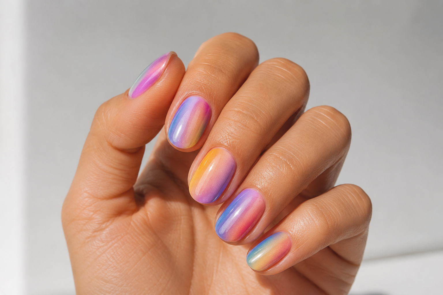 Nahaufnahme einer Hand mit oval geformten Fingernägeln im pastellfarbenen Ombre-Design mit glänzendem Finish in Rosa, Lila, Blau und Gelb