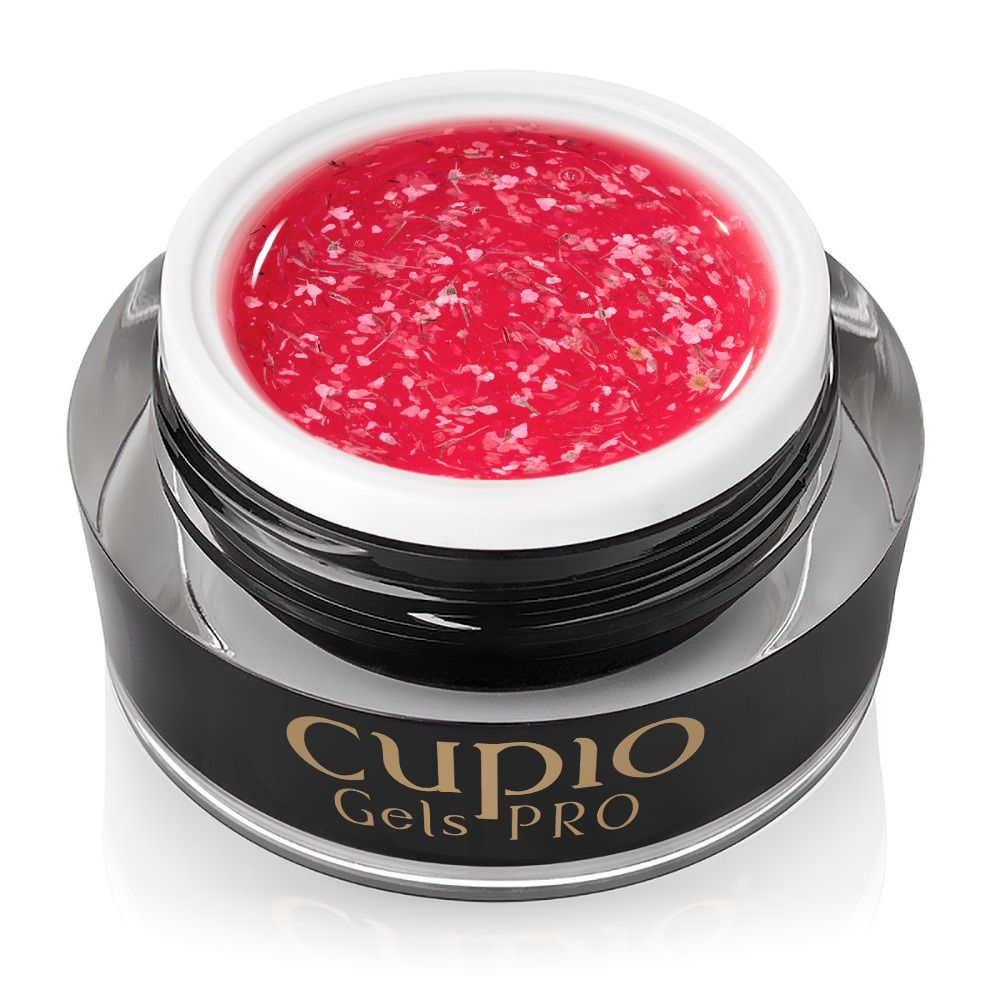 Geöffneter Tiegel Builder Gel Flower Bouquet Blushy Pink 30 ml mit transparent-pinkem Builder-Gel und echten getrockneten Blütenblättern für dekorative, glänzende Nagelmodellage.