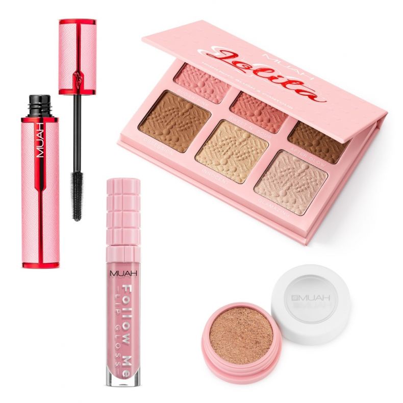 MUAH Kosmetikprodukte: Mascara, Lippengloss, Lidschattenpalette und Blush