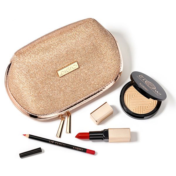 Kosmetiktasche in Gold mit Lippenstift, Lip Pencil und Highlighter