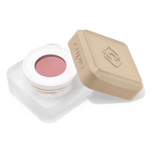 Offener Tiegel mit rosa Creme-Rouge und Deckel