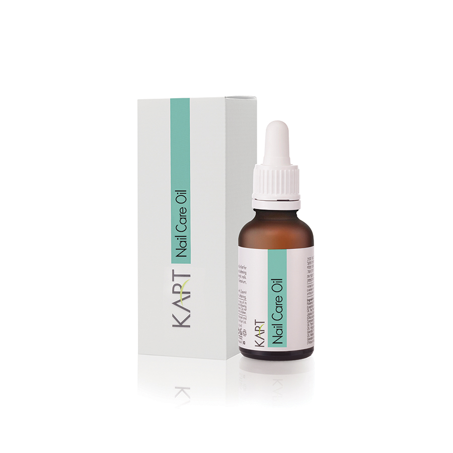 Flasche mit KART Nagelpflegeöl und Verpackung, ideal für gesunde Nägel