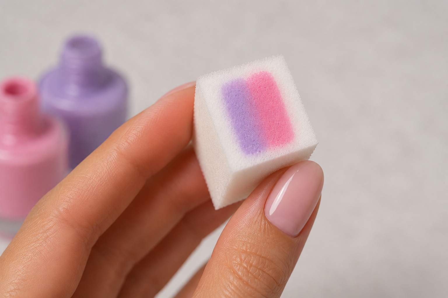 Nahaufnahme einer Hand mit hellem Maniküre-Nagel, die einen weißen Make-up-Schwamm mit rosa und lila Nagellackfarbe hält; im Hintergrund unscharfe Nagellackflaschen.