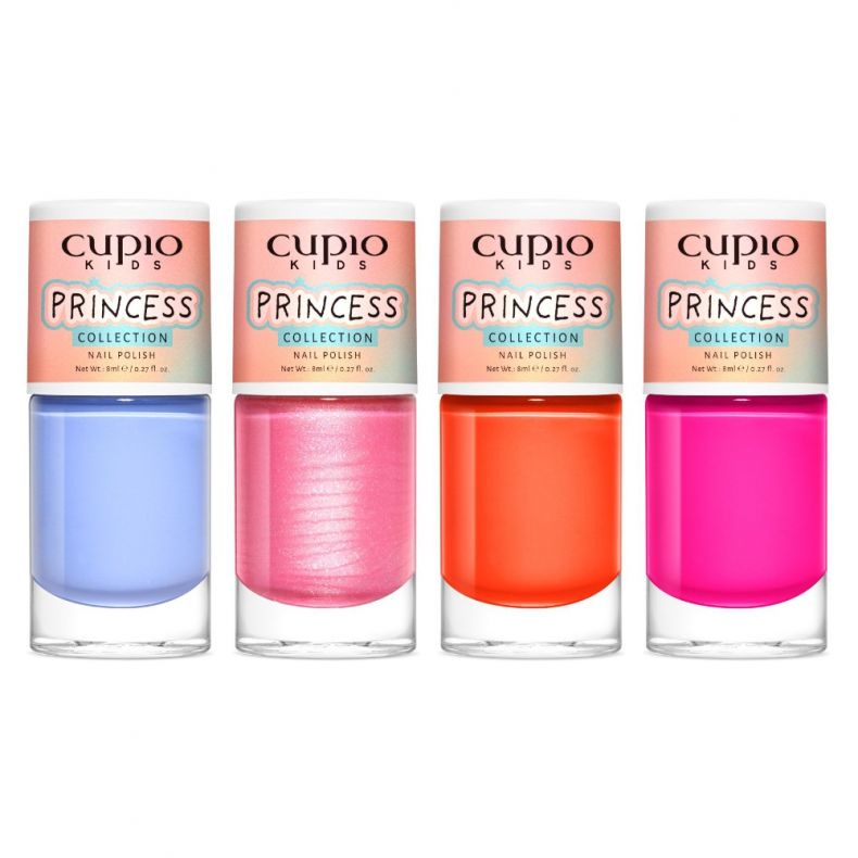 Set von vier Cupio Kids Princess Nagellacken in Blau, Pink, Orange und Magenta.